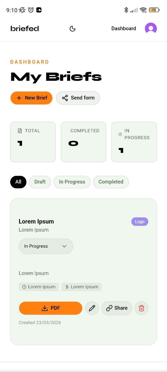Briefed dashboard - My Briefs with status filters and brief cards