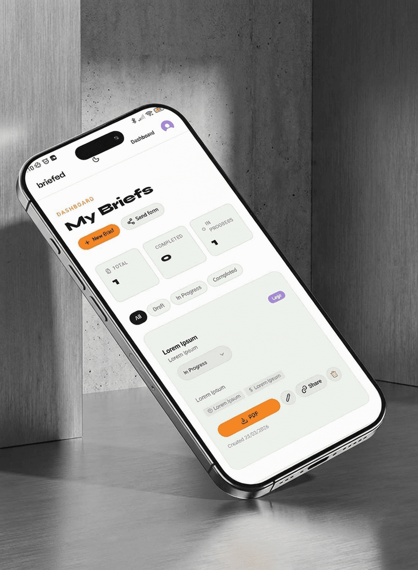 Briefed dashboard - My Briefs with status filters and brief cards